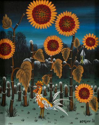 painting of a rooster in a field with sunflowers in the background