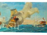 une peinture représentant une peinture d'un navire dans l'océan