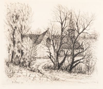 pencil drawing of a house with a tree in front of it