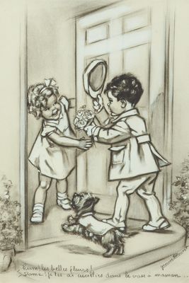 dessin représentant deux enfants jouant avec un ours en peluche devant une porte