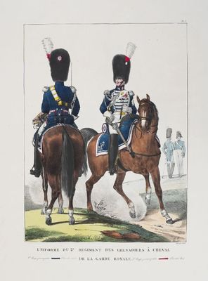 two men in uniforms riding horses in a field