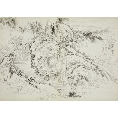 an ink drawing of a woman sitting on a rock by a stream