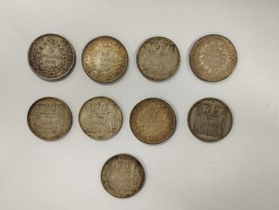 Lot de monnaies en argent : 5 x 20FF Turin + 3 x 10 FF Hercule + 1 x 5