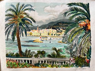 a painting of a view of a bay with palm trees