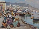 a painting of a group of people by the water