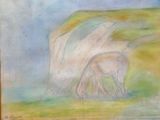 a painting of two horses grazing in a field