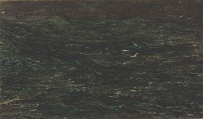 une image représentant une peinture en noir et vert d'un bateau sur un plan d'eau