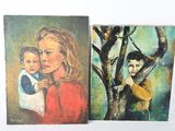 deux tableaux représentant une femme tenant un enfant dans un arbre