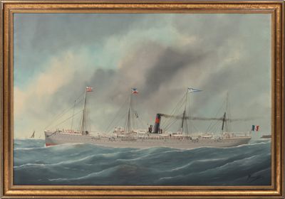 une peinture à l'huile représentant un navire en mer d'où s'échappe de la fumée