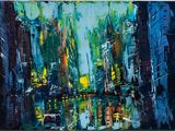 peinture représentant un paysage urbain de nuit, avec des bâtiments et des lampadaires