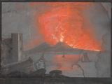 une image représentant une peinture d'un volcan en éruption dans le ciel