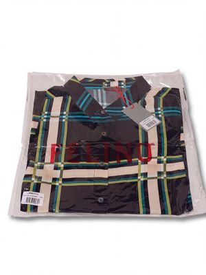 men ' s plaid shirt in black and white with red accents