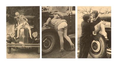 trois photos d'époque montrant une femme appuyée contre une voiture et un homme appuyé contre l'arrière d'une voiture
