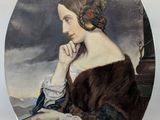 tableau représentant une femme en manteau de fourrure tenant un livre