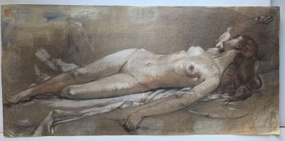 l'image d'un dessin représentant une femme nue allongée sur un lit