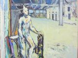 une peinture à l'huile représentant un homme assis sur une chaise à côté d'un chien