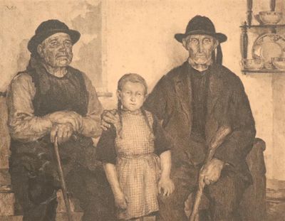 un dessin représentant un homme, deux femmes et un enfant