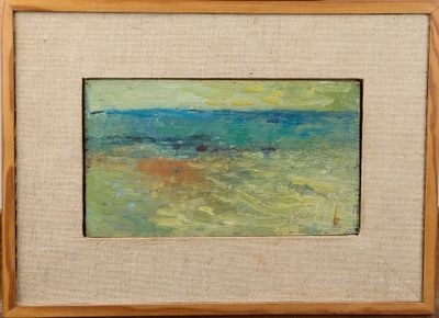 une peinture à l'huile représentant un paysage aux tons verts et bleus, dans un cadre en bois