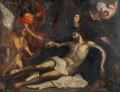 an image of a painting of jesus on the cross being taken from the body of an angel