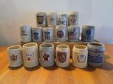 several beer mugs are lined up on a wooden table