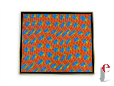 une peinture abstraite orange et bleue sur un mur blanc, à côté d'une peinture rouge et bleue
