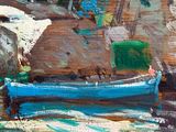 an oil painting of a blue boat on a body of water