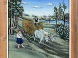 an oil painting of a woman and two oxen pulling a wagon