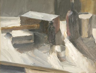 a painting of books on a table in the snow
