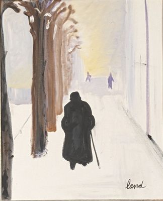 painting of a man walking down a snowy street with a cane