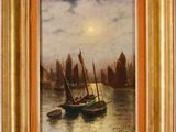 a painting of a boat in the water with a full moon in the background