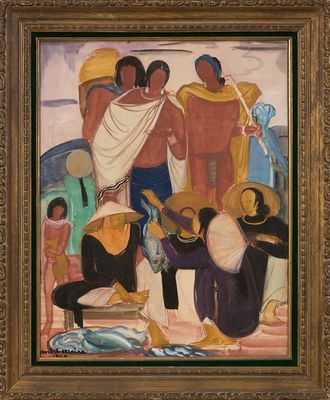 une peinture à l'huile représentant un groupe de personnes sur une plage