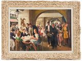 une peinture à l'huile représentant un groupe de personnes assises autour d'une table