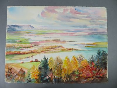 a watercolor painting of a landscape with a lake in the distance