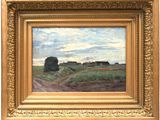 an oil painting of a farm scene with a dirt road in the foreground