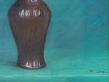 a painting of a brown vase with flowers in it