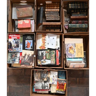 de nombreux livres dans les cartons posés par terre