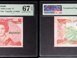 Trois types de monnaies différents sont exposés dans une vitrine