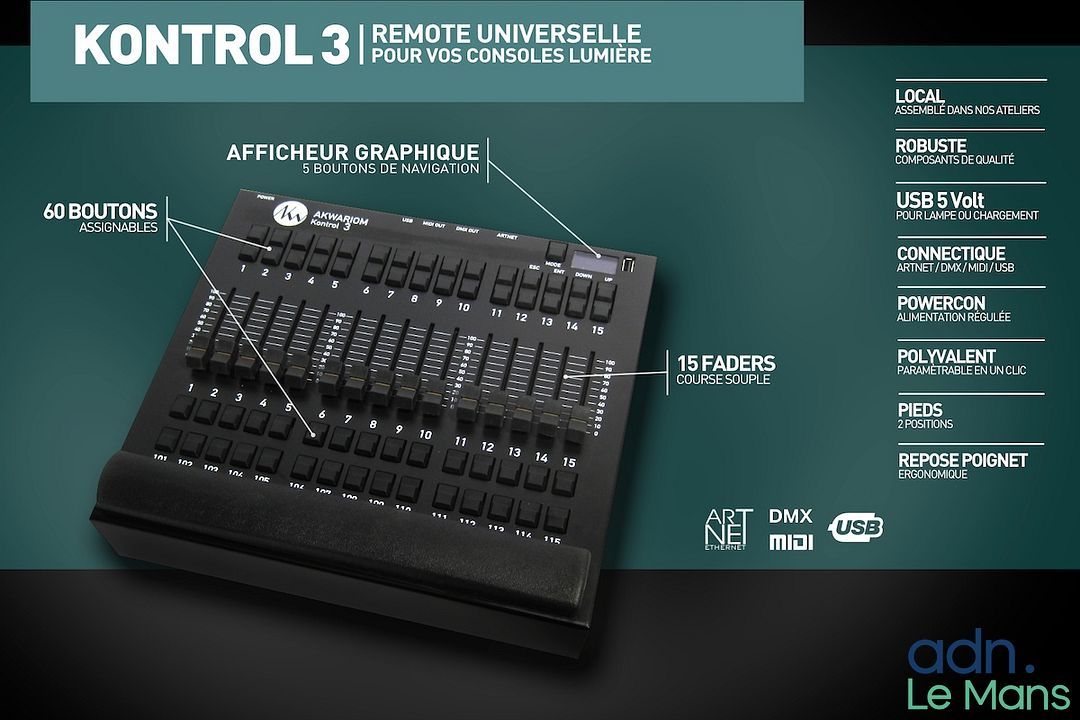 Interface de contrôle MIDI, DMX et ArtNet - AKWARIOM Kontrol3 - Bon état - Traces d'utilisation - Test d'allumage eff...