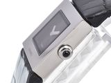 a close up of a wrist watch with a black leather strap