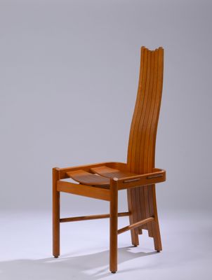a wooden chair with a wooden seat on a white background