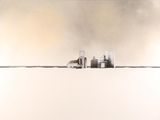 a picture of a painting of a city in the middle of a field