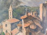 painting of a view of a town with a church and mountains in the background