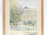 aquarelle représentant une fontaine dans un parc, avec un bâtiment en arrière-plan