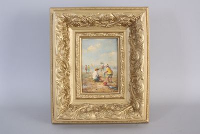a painting of a group of people on a beach in a gold frame