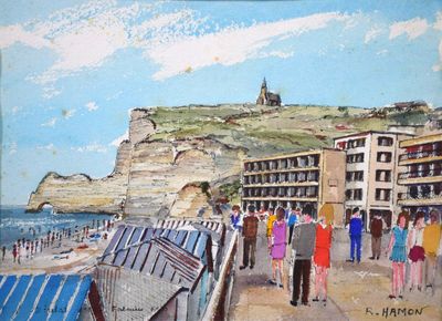 une peinture représentant un groupe de personnes marchant sur la plage