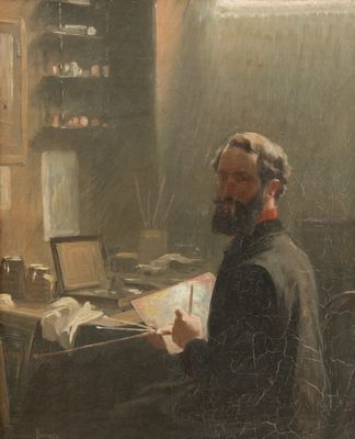 tableau représentant un homme assis à un bureau en train de lire un livre