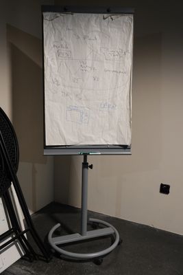 un tableau blanc posé sur un support à côté d'une chaise