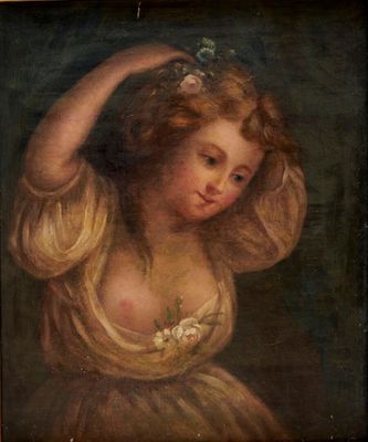 un tableau représentant une femme en robe jaune avec une fleur dans les cheveux