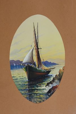 a picture of a painting of a sailboat in the water