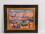 an oil painting of boats in a harbor with buildings in the background